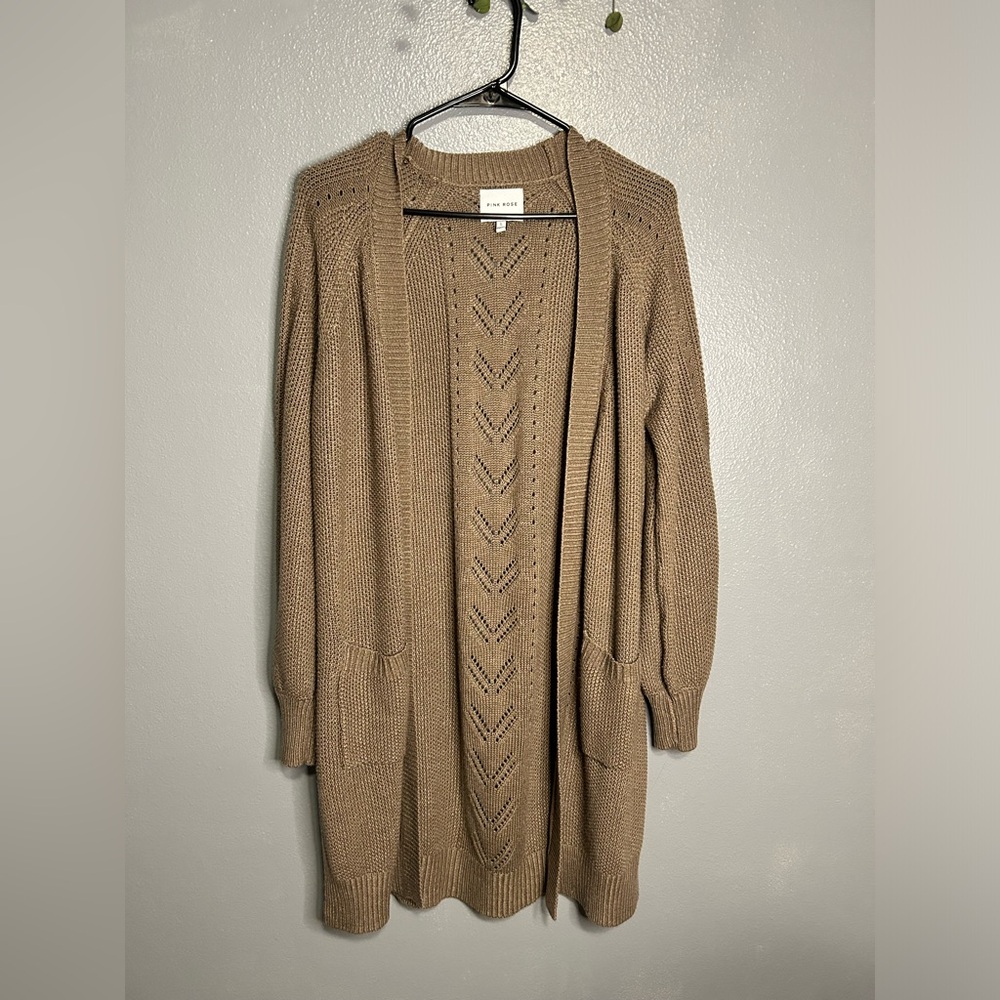 Pink Rose Tan Open-Front Cardigan